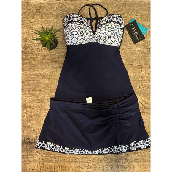 Gottex Blue Mosaic Tankini Swimdress Skirt Set Sz 8 | Retro Chic Modest Swimsuit - Picture 3 of 8